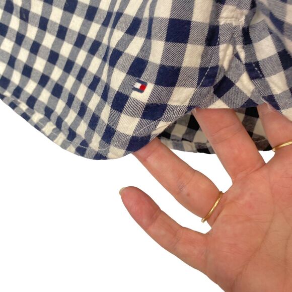 Tommy Hilfiger Shirt Size M Blue/White Gingham Plaid 1/4 Button Front Tabbed Sl - Picture 5 of 9